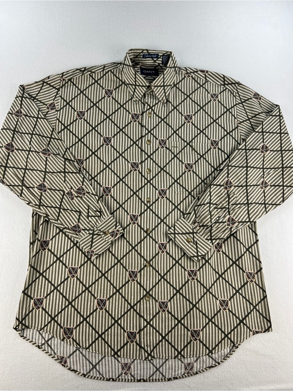 VTG Gant Chelsea Twill Long Sleeve Button Down Shirt Golf Club Crest AOP Sz XLT